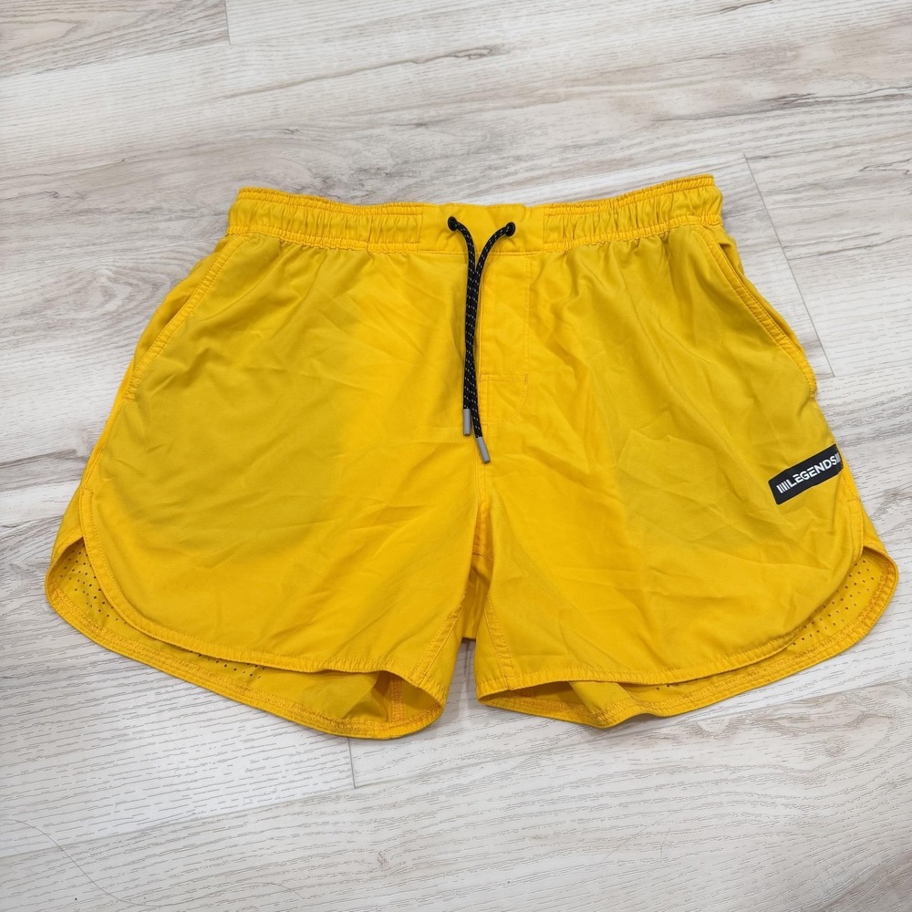 Legends Shorts Mens Large Yellow Unlined Running Athletic Gym Pockets Reflective